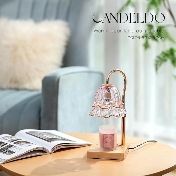 Candle Warmer Lamp with Timer: Pink Flower Candle Warming Lamp with 2 Bulbs Height Adjustable Wax Warmer Dimmable Bedroom Mothers Day Decor Gift for Women