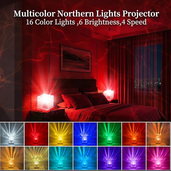 LETOUR Northern Lights Lamp,Ocean Wave Cube Lamp with 16 Colors & 30 Modes Projector Light for Kids, Ceiling Projector for Bedroom/Party/Game Rooms