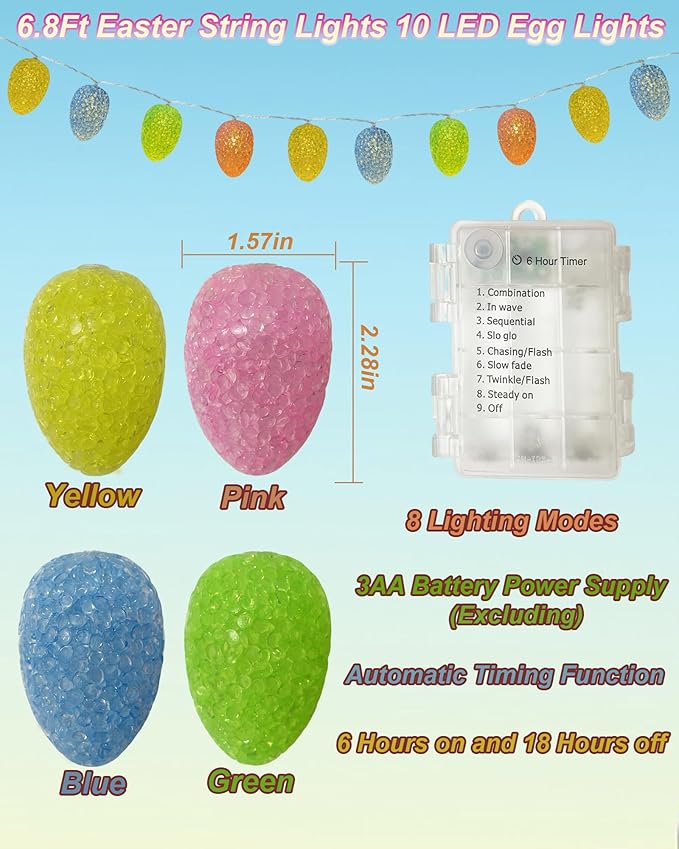 Easter Egg String Lights Battery Powered 6.8FT 10 LED Pastel Egg Lights with Timer, Easter Decorations Light for Easter Home Patio Mantel Tree Party Spring Decor