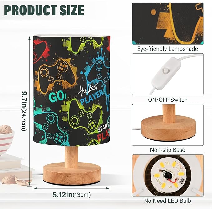 Bedside Table Lamp Video Game Nightstand Lamp with Wood Gaming Gamer Colorful Desk Lamps for Bedroom Living Room Nursery Office Home Decor