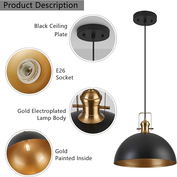 18 Inch Large Pendant Lights for Kitchen Island Matte Blacks Farmhouse Pendant Light fixtures Adjustable Height Dome Hanging Light for Dinning Room Bedroom Hallway,1 Pack