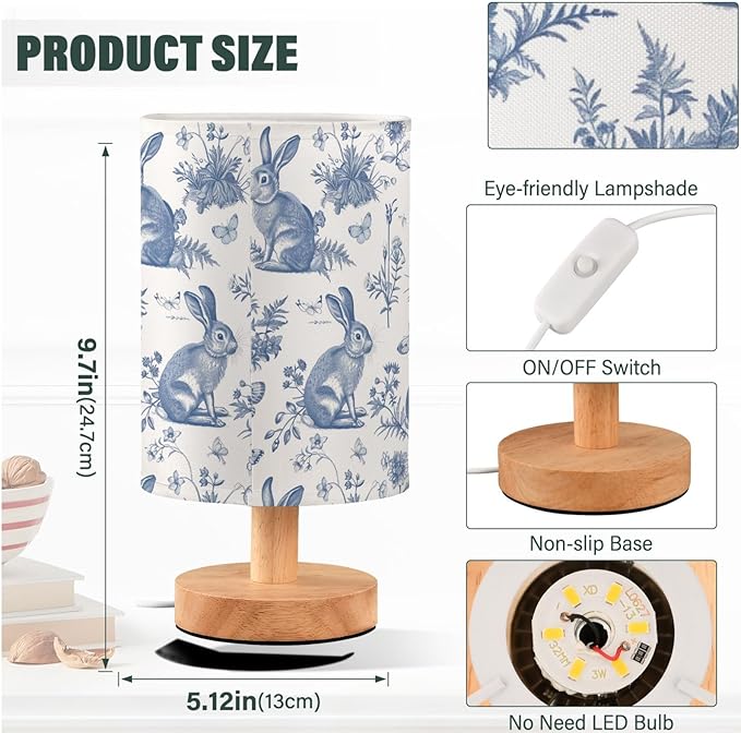 French Rabbits Butterfly Botanical Table Lamp for Bedroom USB Port Lamps Small Accent Table Lamp Nightstand Lamp Study Linen Shade with Wooden Base, Decorative Lamps for Bedside Reading|Kids|Dorm|Home