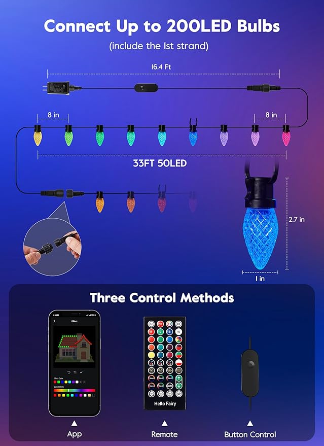 Brightown Smart C9 Christmas Lights Outdoor, 50 LED RGB C9 String Light with Remote, App Control, Music Sync, Connectable Waterproof Christmas Lights for House, Tree, Patio, Holiday Xmas Decor
