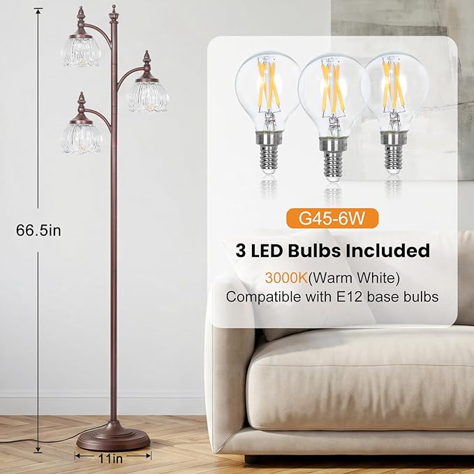 Brown Floor Lamps for Living Room Standing Lamp with 3 Brightness Lights Glass Shade 66.5in Flower Lamp for Bedroom Office Corner(3LED Bulbs Included)