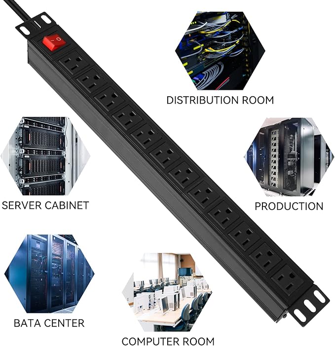 BTU 2PCS Power Strip Surge Protector Rack-Mount PDU, 12 Outlet Power Strips with Switch, Metal Mountable Power Strip Heavy Duty for Server Racks, Garage Shop, Industral Commercial