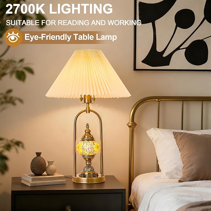 beaysyty Vintage Mosaic Table Lamp Set of 2, 25.2 Inch Decorative Bedside Lamps with Pleated Shade, USB Charging Ports, Colored Glass Globe Night Light, Bronze Gold Finish and Beige Lampshade