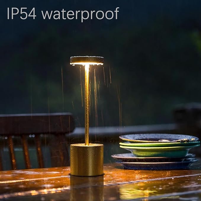 2-Pack Cordless Rechargeable Table Lamps, 3 Color Temperatures and Stepless Dimmable, IP54 Waterproof Portable Battery Operated LED Lights for Outdoor Patio Bedside Restaurant, Gold