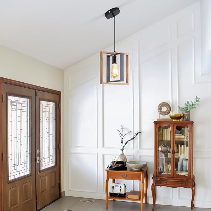 2 Pack Farmhouse Pendant Light Fixture, Black Kitchen Island Pendant Lights, Industrial Metal and Vintage Wood Hanging Light, Adjustable Height Rustic Ceiling Lamp for Entryway, Dining Room, Foyer