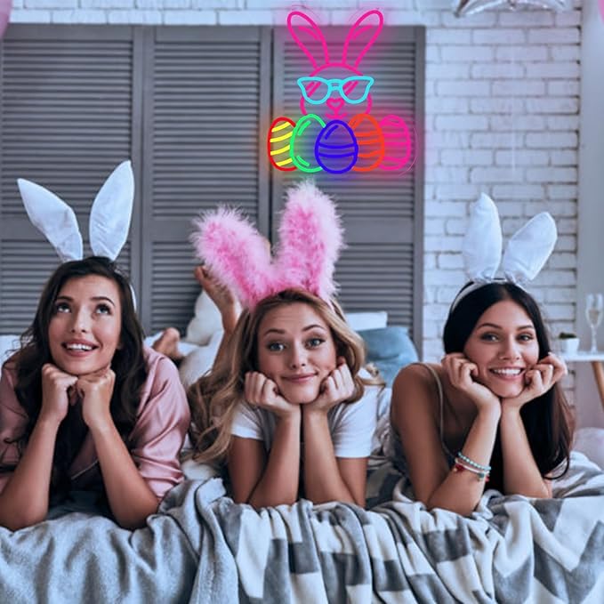 Easter Bunny Egg Neon Signs Decorations, LED Neon Lights Sign for Wall Decor, USB Dimmable Easter Gifts Bunny Wearing Glasses Party Decor for Bedroom Window Door Yard Bar Classroom Church
