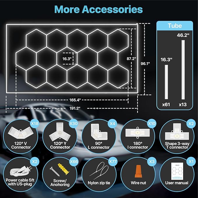 HYPERLITE Gen 2 Hexagon Garage Light, Upgraded 3 Level Dimmable 624W 62400LM Super Bright Garage Detailing Lights, 15 Grids with Rectangle Frame Shop Light, Hexagon LED Lights for Gym