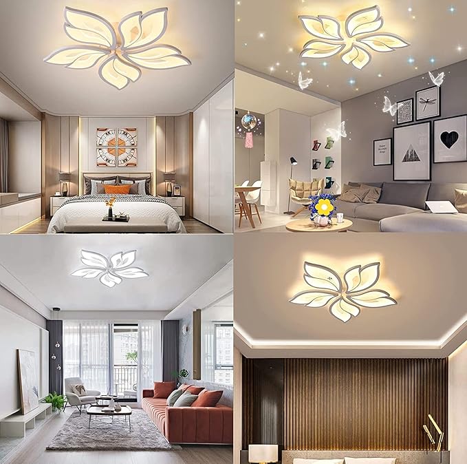 Modern Ceiling Light with Remote Control and APP, 40-80W 24.4” Dimmable LED Chandelier Flush Mount Ceiling Lights, Acrylic Leaf Flower Ceiling Lamp Fixture for Living Room Dining Room Bedroom