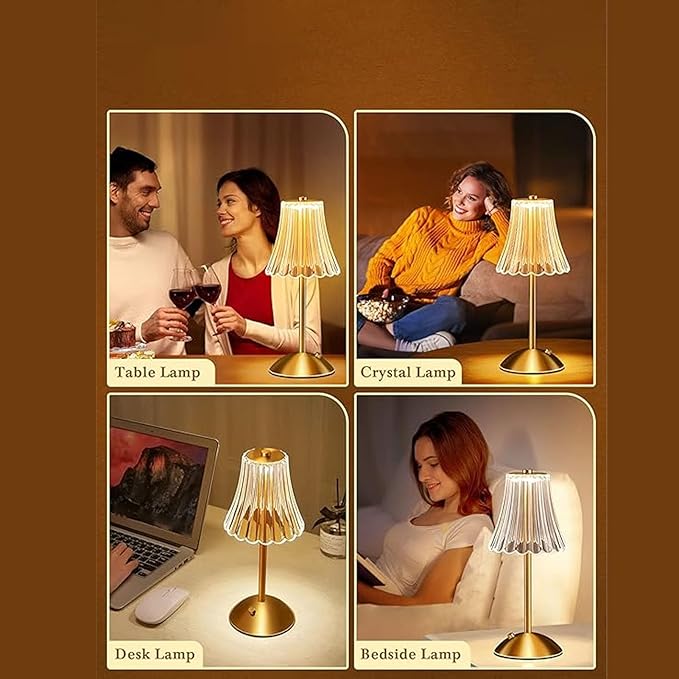 LED Crystal Table Lamp, Battery Operated, Touch Control Night Light with 3 Color Dimming