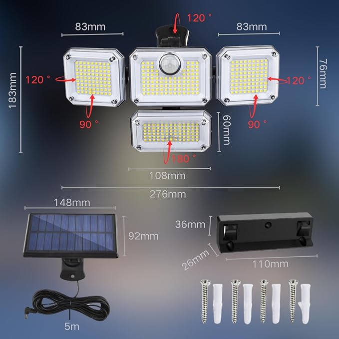 Generic Solar Outdoor Lights 3500LM 333 LED Security Lights with Remote Control,4 Heads Motion Sensor Lights, IP65 Waterproof,320° Wide Angle Flood Wall Lights with 3 Modes(2 Packs), Black