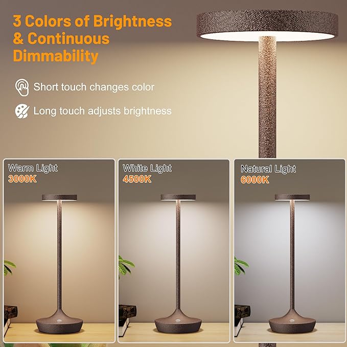 Rechargeable Cordless Table Lamp, LED Portable Powered LED Battery Light 6000mAh USB Desk Lamp Outdoor Waterproof Table Lamps for Patio Restaurant Dining (2 Rust)