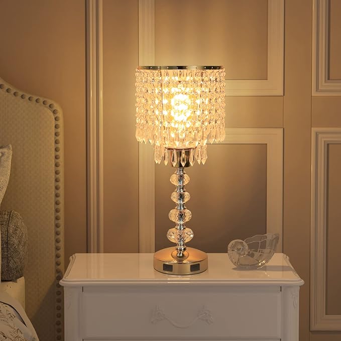 Acaxin Crystal Table Bedside Lamp Touch Control, 3-Way Dimmable Small Nightstand Lamp with 2 USB Charging Ports, Decorative Gold Tabletop Lamp for Bedroom, Living Room and Guest Room