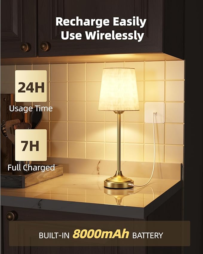Battery Operated Lamp, 8000mAh, Ambient Light, Touch Control, Dimmable, Portable, 2700K, LED, Wireless, Rechargeable, Battery Operated, Desk Lamp, Kitchen Lamp, Fabric Shade, for Dining Room, Bedroom