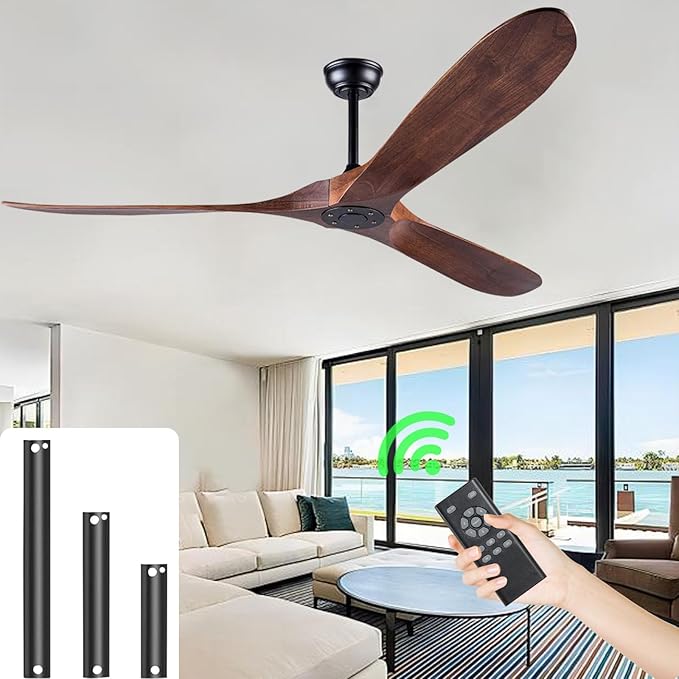 72" Quiet 3 Blade Walnut Ceiling Fan - No Light & Remote Control, Perfect for Farmhouse Patios & Backyards