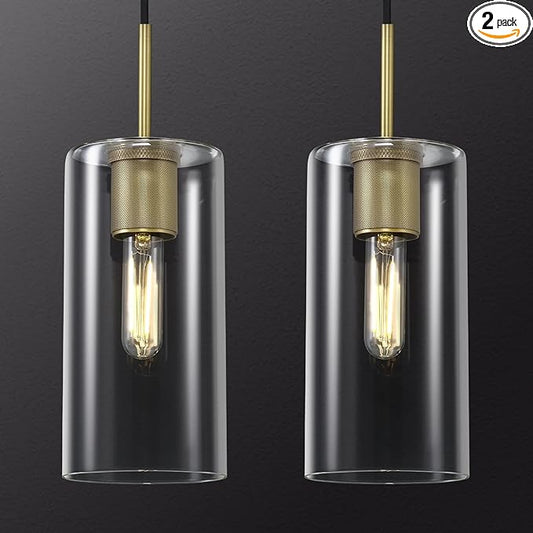Modern Brass Pendant Lights Kitchen Island 2 Pack Glass Pendant Light Fixtures, 9.5'' Farmhouse Gold Pendant Light Kitchen Pendant Lighting Over Island for Sink, Bathroom, Bar,Dining Room