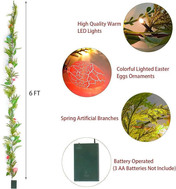 CCINEE 6 FT Lighted Easter Garland, 20 LED Lights Artificial Garlands with Easter Colored Egg and Pink Flowers Faux Branches for Easter Spring Holiday Parties Mantle Fireplace Indoor Home Decoration