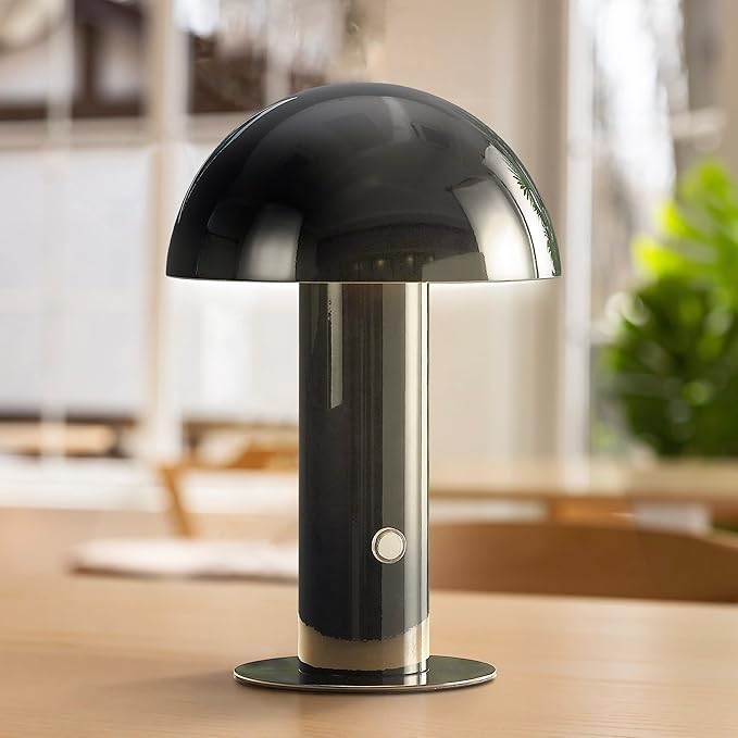 JONATHAN Y 10.75" Black Rechargeable LED Mushroom Table Lamp, Cordless Portable Bedside Lamp for Living Room Bedroom, 3-Way Dimmable Modern Iron Desk Light, Metal Shade JYL7115A