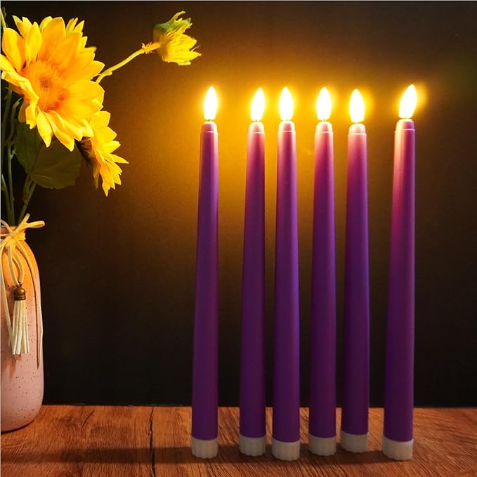 Purple Flameless Taper Candles with Remote, Flickering Christmas LED Candlesticks Battery Powered Set of 12
