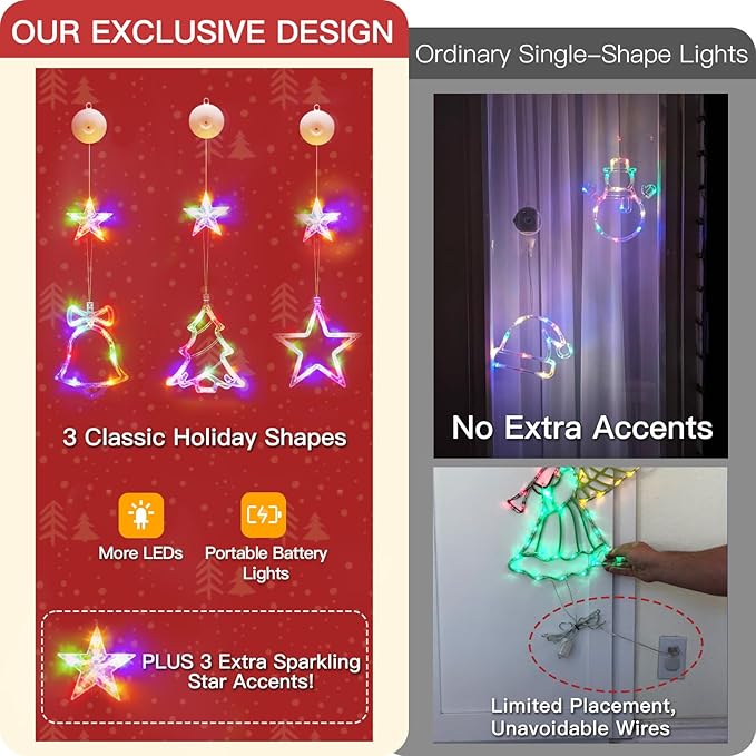 suddus 3Pcs Christmas Window Lights with Timer, Battery Operated LED Xmas Decorations with Suction Cup Hooks, Star, Bell & Tree Shaped Indoor Hanging Lights for Window Wall Holiday Party (Multicolor)