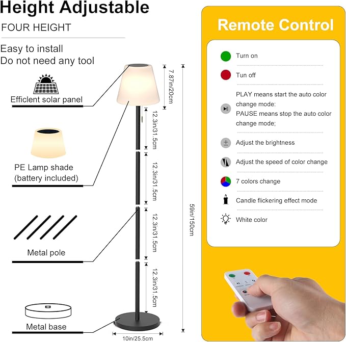 Outdoor Floor Lamp Solar Outdoor Lamps for Patio Waterproof Rechargeable Floor Lamp Cordless Dimmable Warm White+RGB LED Solar floor lamps Outdoor Battery Operated Patio Lamp with Light Sensor.