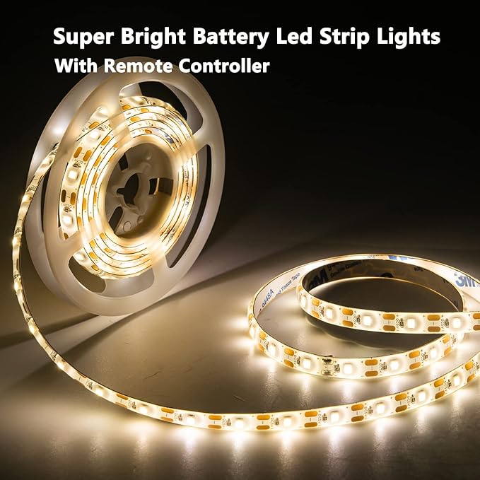 Battery-Powered LED Strip Lights Warm White with Remote, 2 Pack of 6.6ft, 240 2835 LED Warm White, Cuttable, Timer Function, Waterproof, Suitable for Wardrobe, Kitchen, Bedroom Decor.