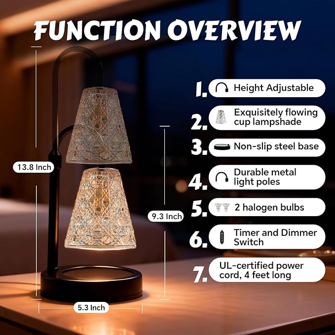 Candle Warmer Lamp with Timer Dimmable, Height Adjustable Wax Melt Warmer for Jar Candles - Includes 2 Bulbs, Birthday Gifts for Women Mom, Housewarming Gifts New Home Decor (Black)
