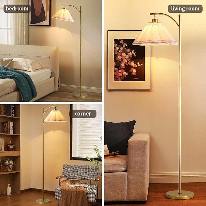 Floor Lamp with Pleated Linen Lampshade, Modern Flower Floor Lamp for Living Room Arc Standing Lamp, Tall Lamp for Bedroom Office Dining Room, Bulb Included