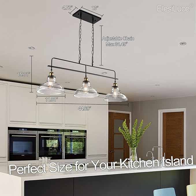 Industrial Glass Kitchen Island Lighting Vintage 3-Lights Glass Pendant Light for Kitchen Island Rustic Farmhouse Black Chandelier for Dining Room, Living Room, Bar, Over Table