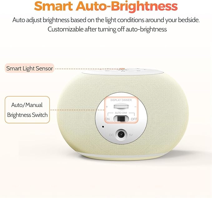 Reacher Auto-Dimmable Alarm Clock White Noise Machine with Night Light, 20 Soothing Sounds, Sleep Timer, Fabric LED Display, Precise Volume Control, Small Sound Machine for Nursery, Baby