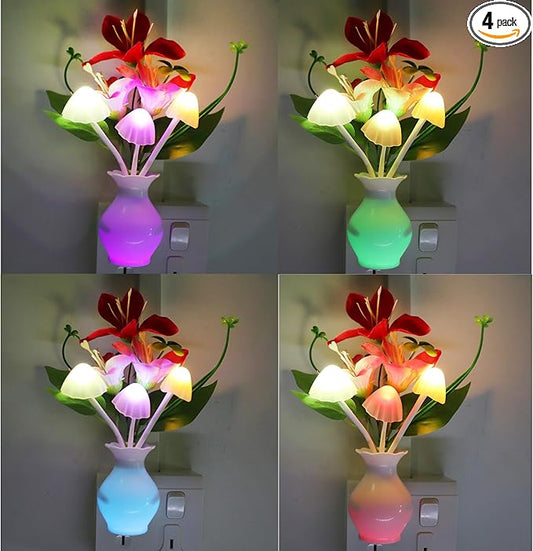 4PCS Plug-in Night Light with Auto Light Sensor,RGB LED Mushroom Night Light Wall Red Lily Flower Lamp for Adults Kids Nursery Room,Bedroom,Lounge,Hallway,Stairs