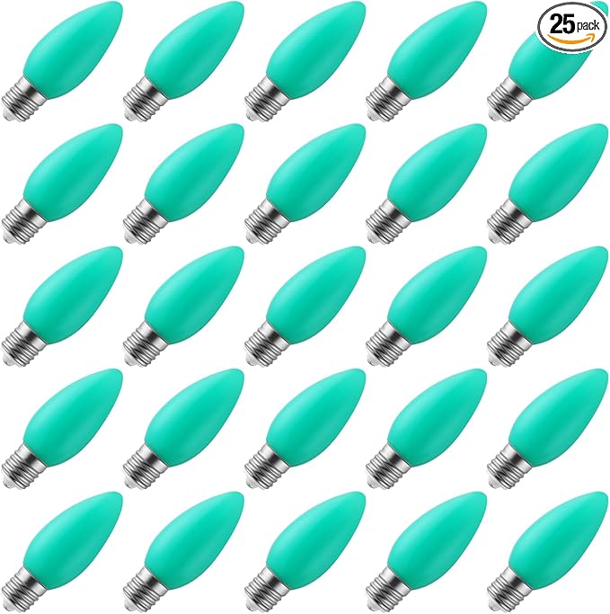 25-Pack Ceramic C9 Christmas Light Bulbs, Green LED Light Bulbs Holiday Decoration, Green Christmas Decor for Indoor & Outdoor Use, E17/C9 Intermediate Base