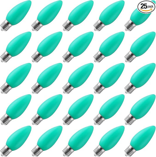 25-Pack Ceramic C9 Christmas Light Bulbs, Green LED Light Bulbs Holiday Decoration, Green Christmas Decor for Indoor & Outdoor Use, E17/C9 Intermediate Base