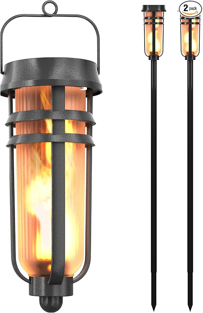 FoxFlame Metal Solar Torch Lights-Adjustable Height (24"-50"), Outdoor Garden Decor with Patented LED, Waterproof Solar Tiki Torches for Yard,Patio,Garden Pathway,Matte Black–2 Pack