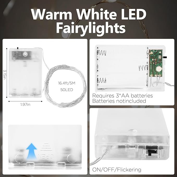 Fairy Lights Battery Operated String Lights 16.4ft 50LED Flashing and Constant Light Waterproof Silver Wire for Christmas DIY Party Wedding Decoration (White, 4 Pack)