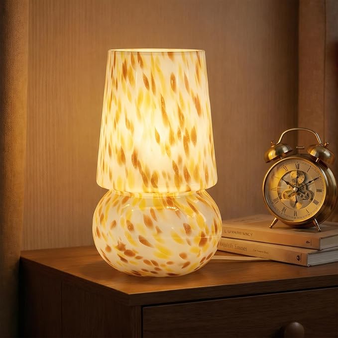 9.8 Inch Mushroom Table Lamp, UL Listed Dimmable Small Desk & Bedside Lamp with Woven Beige Cord, Handcrafted Pattern, Murano Home Decor for Bedroom, Living Room, Entryway (Cream Gold)