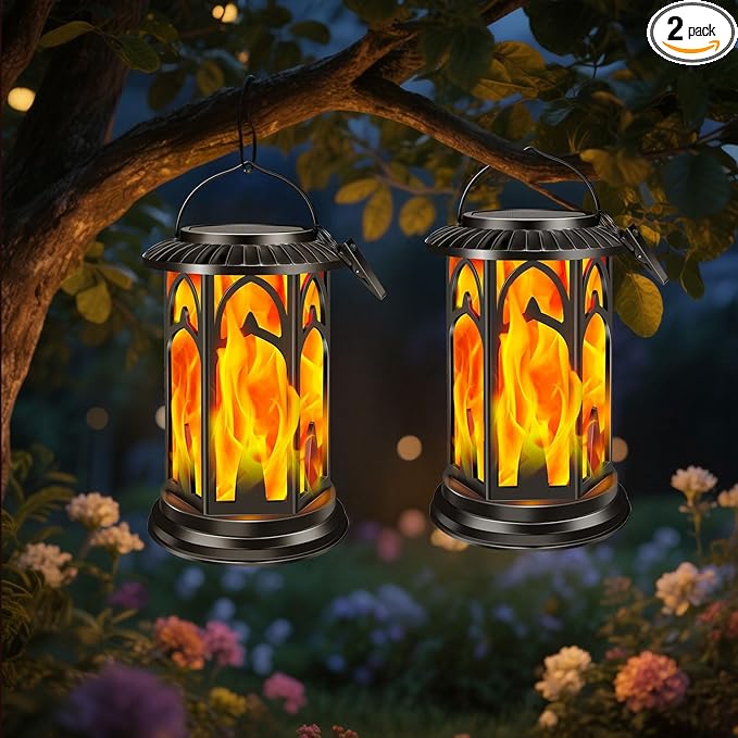 Solar Lanterns Flickering Flame Outdoor Metal Solar Light Waterproof Solar Powerd Led Flame Lights with Battery Compartment Dual Mode for Patio Fence Garden Yard Trees Lawns Decorations(Pack of 2)