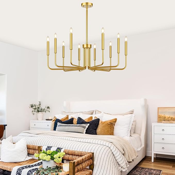 Lynnoland Gold 10-Light Farmhouse Chandelier for Dining Room Lighting Fixtures Hanging, Vintage Candle Pendant Light Fixtures Chandelier for Bedroom, Foyer and Living Room
