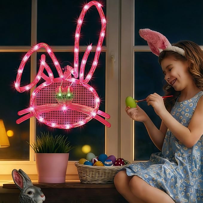 17" 40LED Lighted Pink Bunny Easter Decor - UL Certified, Soft Warm Glow, Window Decoration & Hanging Accent, Easter Party Essential, Beautiful Gift Box Packed