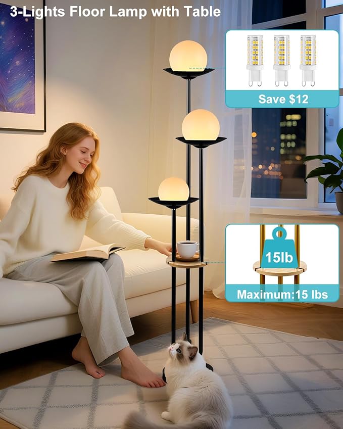 63IN Globe Floor Lamp with Table, 3-Lights Modern Dimmable Floor Lamps with 3000K Soft Warm White Bulbs for Wedding/Party, Black Tall Standing Lamp for Living Room/Bedroom