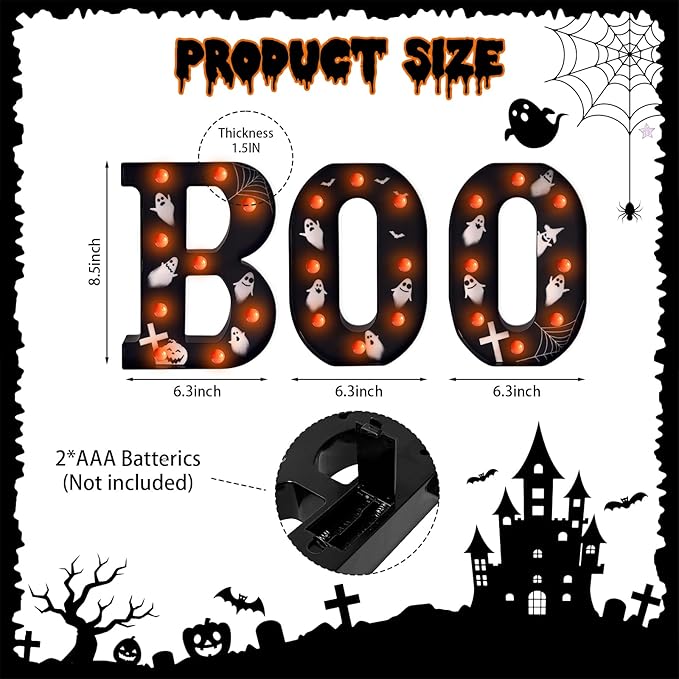 Halloween Lights Indoor Decorations - Battery Operated Boo LED Letters for Wall, Home, Party Room Halloween Decor