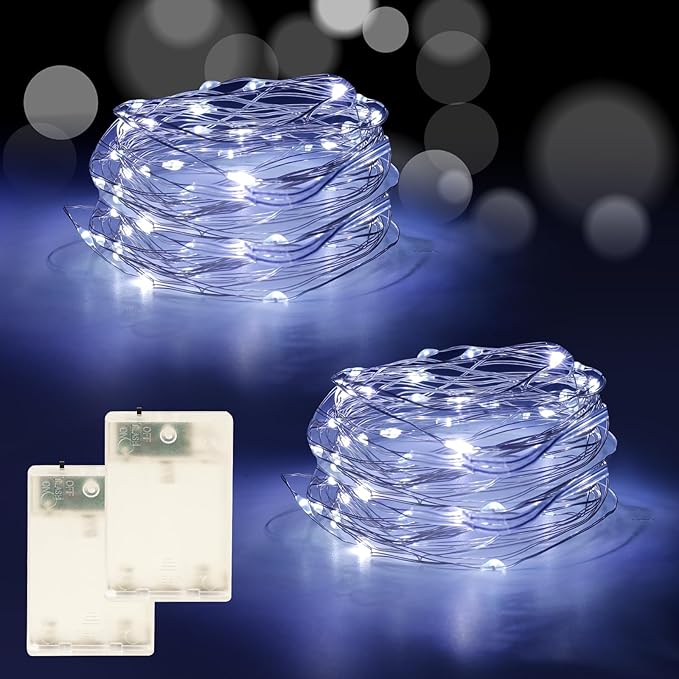 Fairy Lights Battery Operated String Lights 16.4ft 50LED Flashing and Constant Light Waterproof Silver Wire for Christmas DIY Party Wedding Decoration (White, 2 Pack)