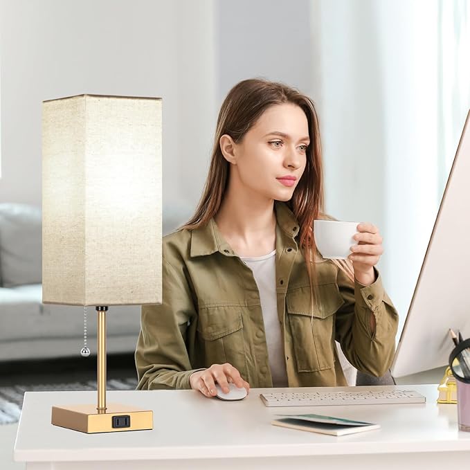 Table Lamp for Bedroom set of 2,3-Color Bedside Lamps with Pull Chain Table Lamps for Nightstand with AC Outlets,18'' Night Light Lamps with 2 Bulbs Lamps for Living Room Kids Office Decor（Glod）