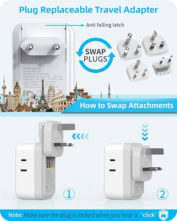 Travel Adapter Set, European Travel Plug Adapter 4 AC Outlets 4 USB Ports (2 USB C), US to UK/EU/South Africa/India, Universal Travel Adapter Kit Include Type G/C/M/D Detachable Plug