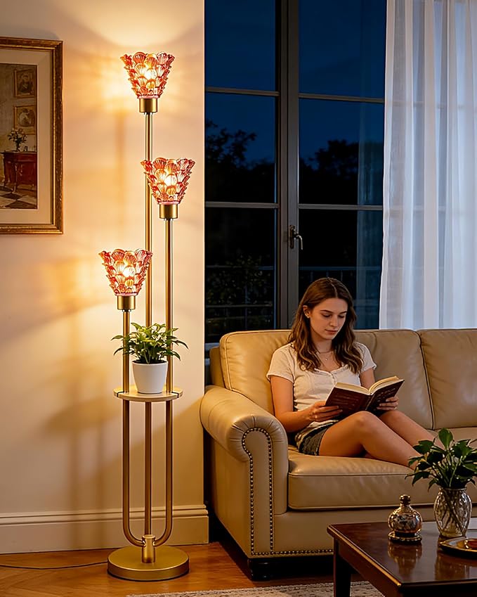 Glass Floor Lamp with Table, 62'' Gold Standing Tall Lamps with Rose Red Glass Shade, 3000K Warmwhite Mid Century Modern Floor Lamp for Living Room/Bedroom/Sofa Beside/Home Corner