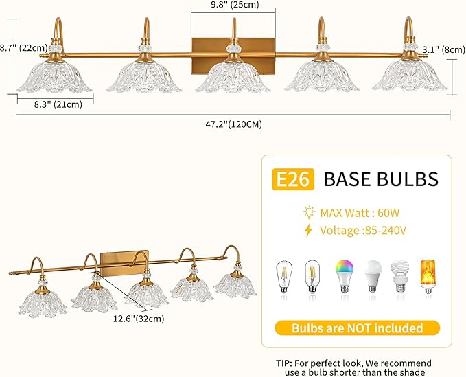 Vintage Bathroom Vanity Light, 5-Light Matte Brass Finish Vanity Light with Floral Clear Glass Shades, Retro Wall Mount Lighting for Bathroom, Dressing Table