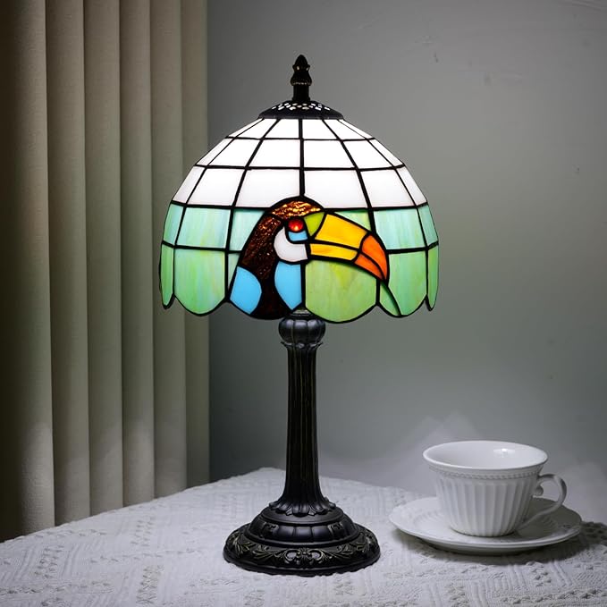 Small Tiffany Lamp Stained Glass Lamp Retro Style Bird Toucan Reading Bedside Table Lamp for Bedrooms Kitchen Dormitories Studies Antique Home Restaurant Office Decor Children's Gift 8 Inch