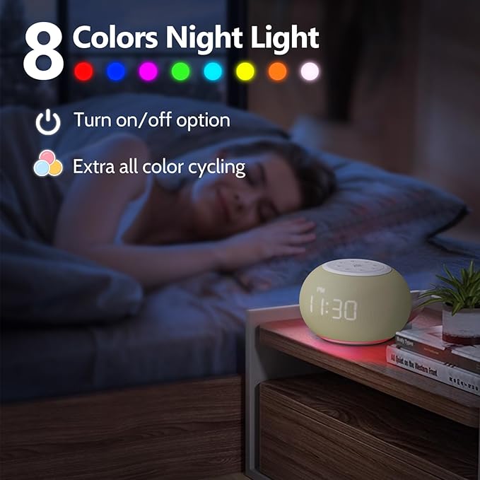 Reacher Auto-Dimmable Alarm Clock White Noise Machine with Night Light, 20 Soothing Sounds, Sleep Timer, Fabric LED Display, Precise Volume Control, Small Sound Machine for Nursery, Baby